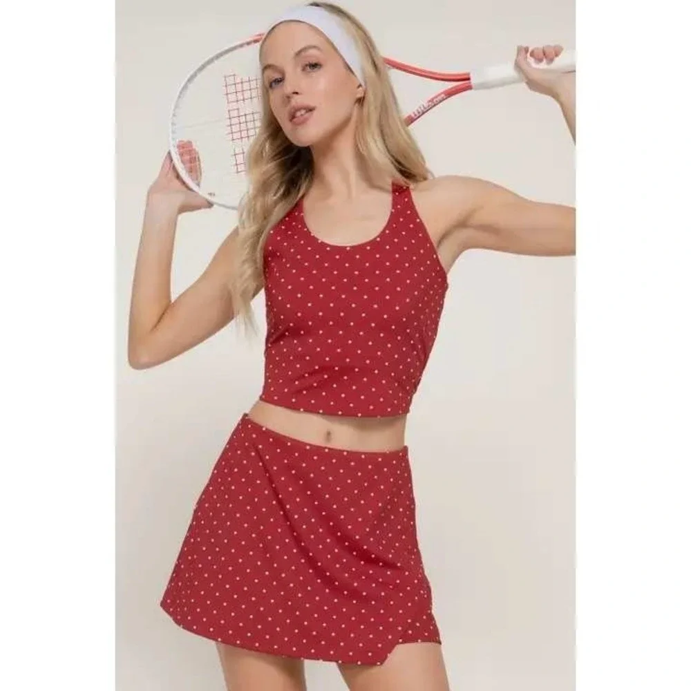 Tenniscore Country Club Preppy Y2K Red Polka Dot Skort Set Retro Sporty Medium